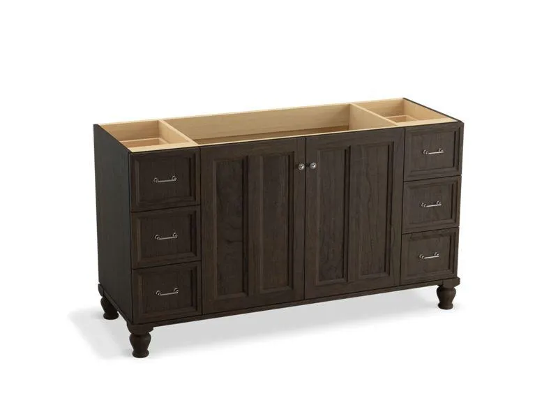KOHLER K-99523-LGSD-1WA Damask 60" bathroom vanity cabinet with furniture legs, 2 doors and 6 drawers, split top drawers