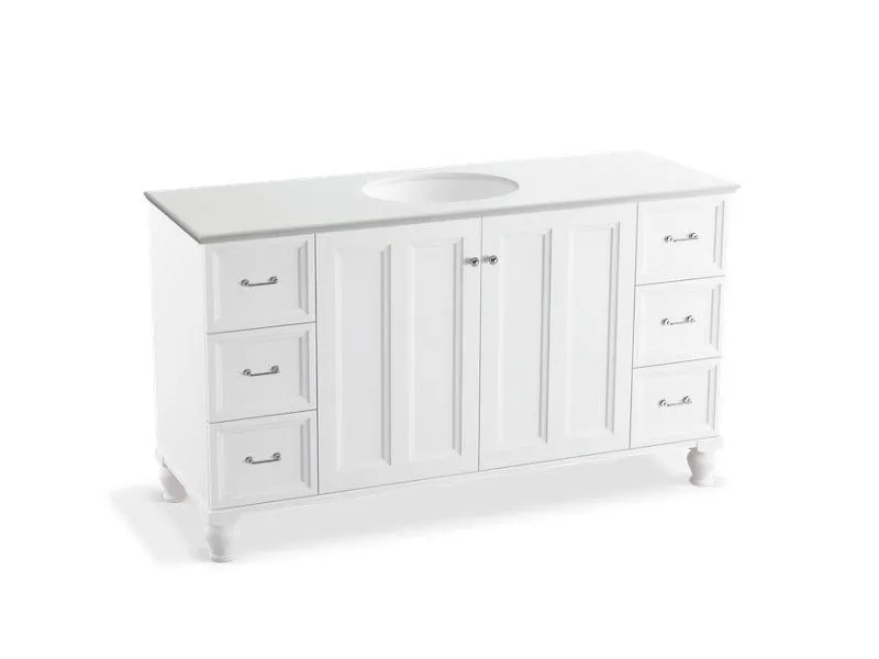 KOHLER K-99523-LGSD-1WA Damask 60" bathroom vanity cabinet with furniture legs, 2 doors and 6 drawers, split top drawers