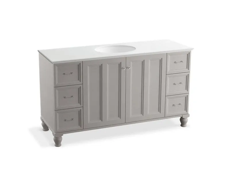 KOHLER K-99523-LGSD-1WA Damask 60" bathroom vanity cabinet with furniture legs, 2 doors and 6 drawers, split top drawers