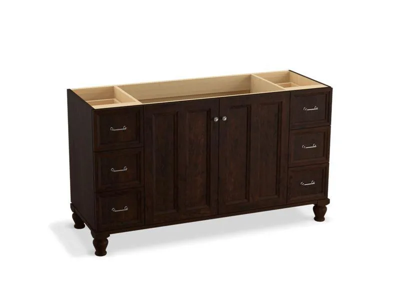 KOHLER K-99523-LGSD-1WA Damask 60" bathroom vanity cabinet with furniture legs, 2 doors and 6 drawers, split top drawers