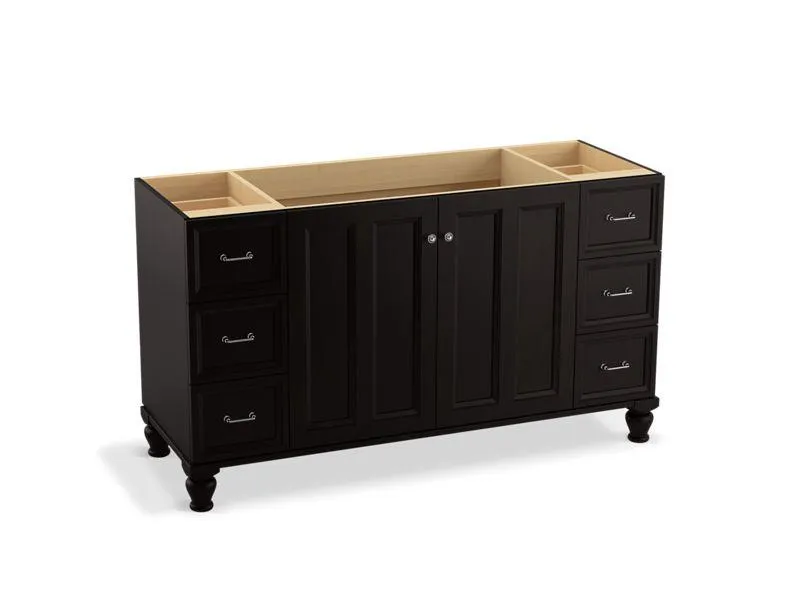 KOHLER K-99523-LGSD-1WA Damask 60" bathroom vanity cabinet with furniture legs, 2 doors and 6 drawers, split top drawers