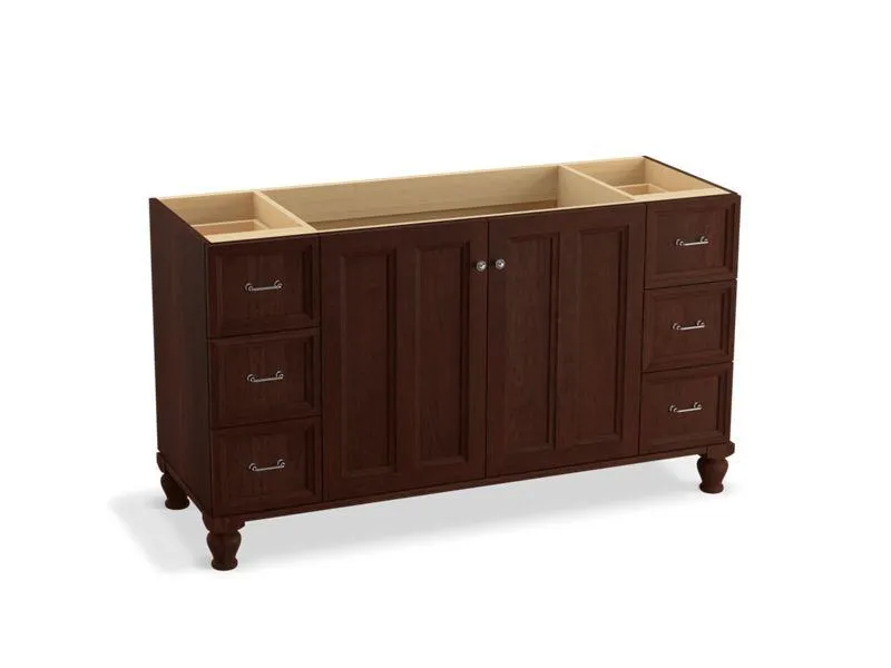 KOHLER K-99523-LGSD-1WA Damask 60" bathroom vanity cabinet with furniture legs, 2 doors and 6 drawers, split top drawers