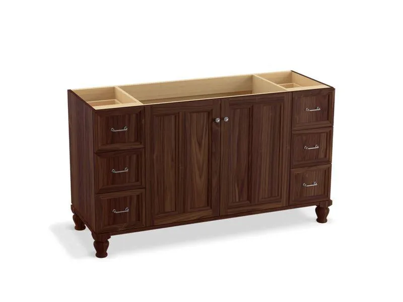 KOHLER K-99523-LGSD-1WA Damask 60" bathroom vanity cabinet with furniture legs, 2 doors and 6 drawers, split top drawers