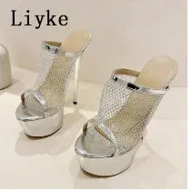 Liyke Summer Fashion Breathable Mesh Peep Toe Extreme High Heels Platform Slippers For Women Sandals Shoes Lady Pumps Slides
