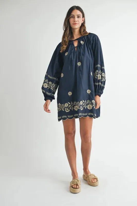 MABLE Embroidered Long Sleeve Peasant Mini Dress