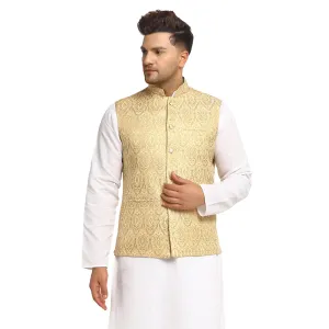 New Designer Men Light Golden Brocade Nehru Jacket With Golden Work By Treemoda