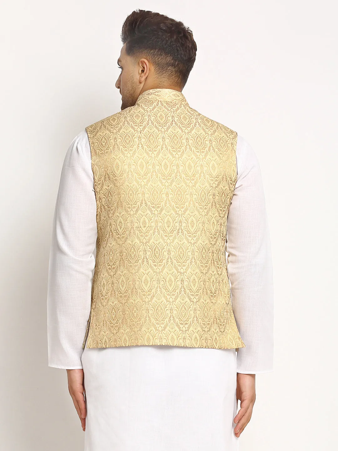 New Designer Men Light Golden Brocade Nehru Jacket With Golden Work By Treemoda
