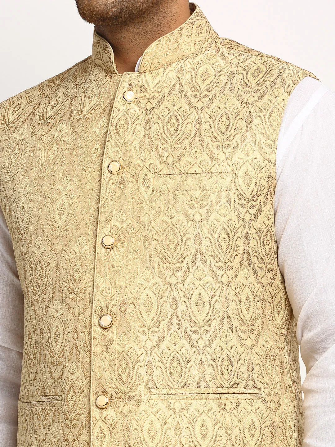 New Designer Men Light Golden Brocade Nehru Jacket With Golden Work By Treemoda