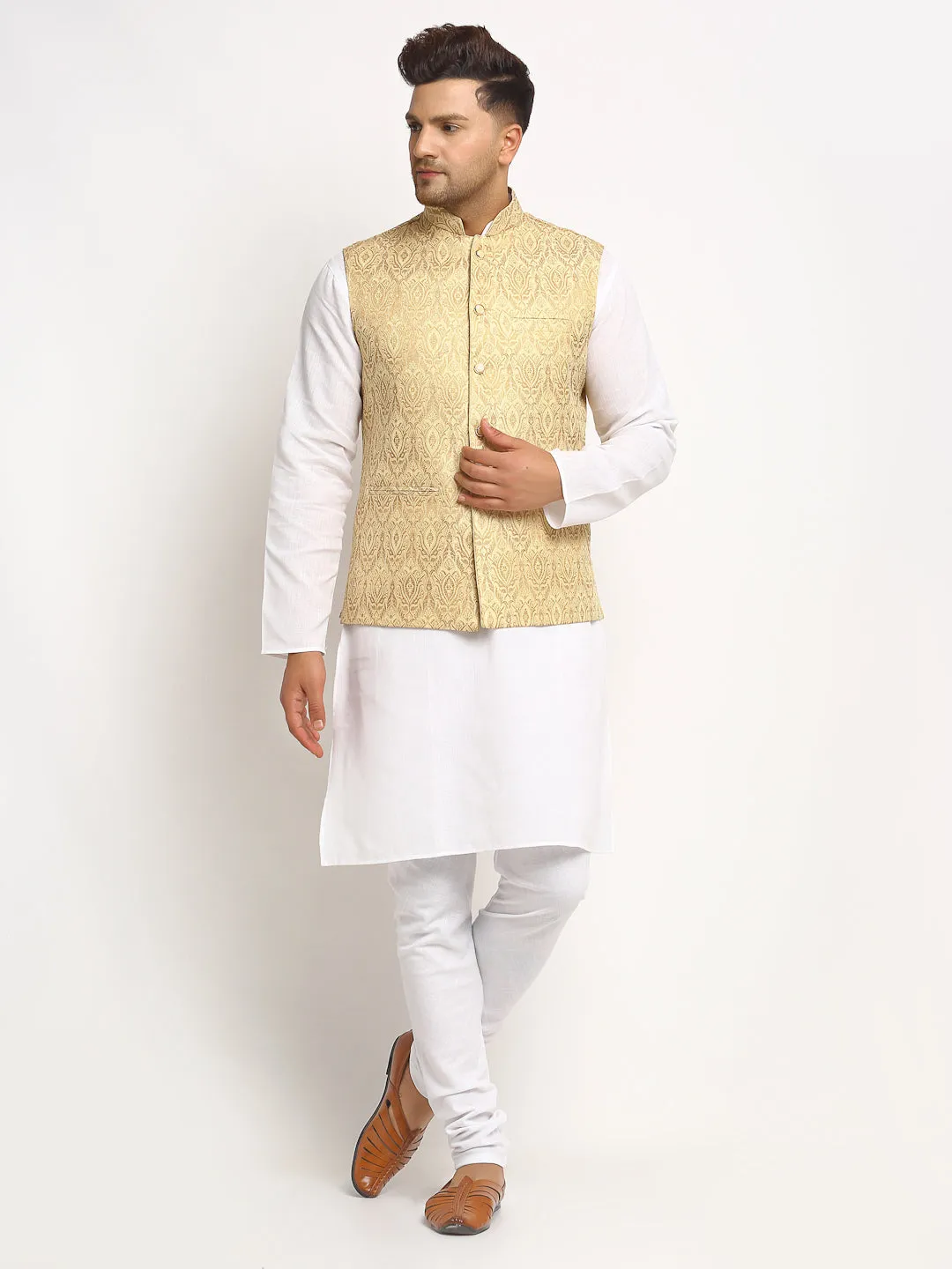 New Designer Men Light Golden Brocade Nehru Jacket With Golden Work By Treemoda