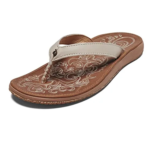 OLUKAI Paniolo Women's Beach Sandals, Distressed Full-Grain Leather Flip-Flop Slides, Wet Grip Soles, Compression Molded Footbed