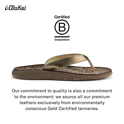 OLUKAI Paniolo Women's Beach Sandals, Distressed Full-Grain Leather Flip-Flop Slides, Wet Grip Soles, Compression Molded Footbed