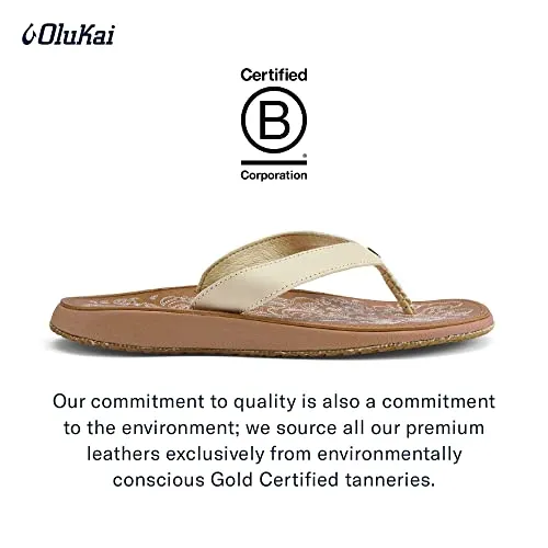 OLUKAI Paniolo Women's Beach Sandals, Distressed Full-Grain Leather Flip-Flop Slides, Wet Grip Soles, Compression Molded Footbed