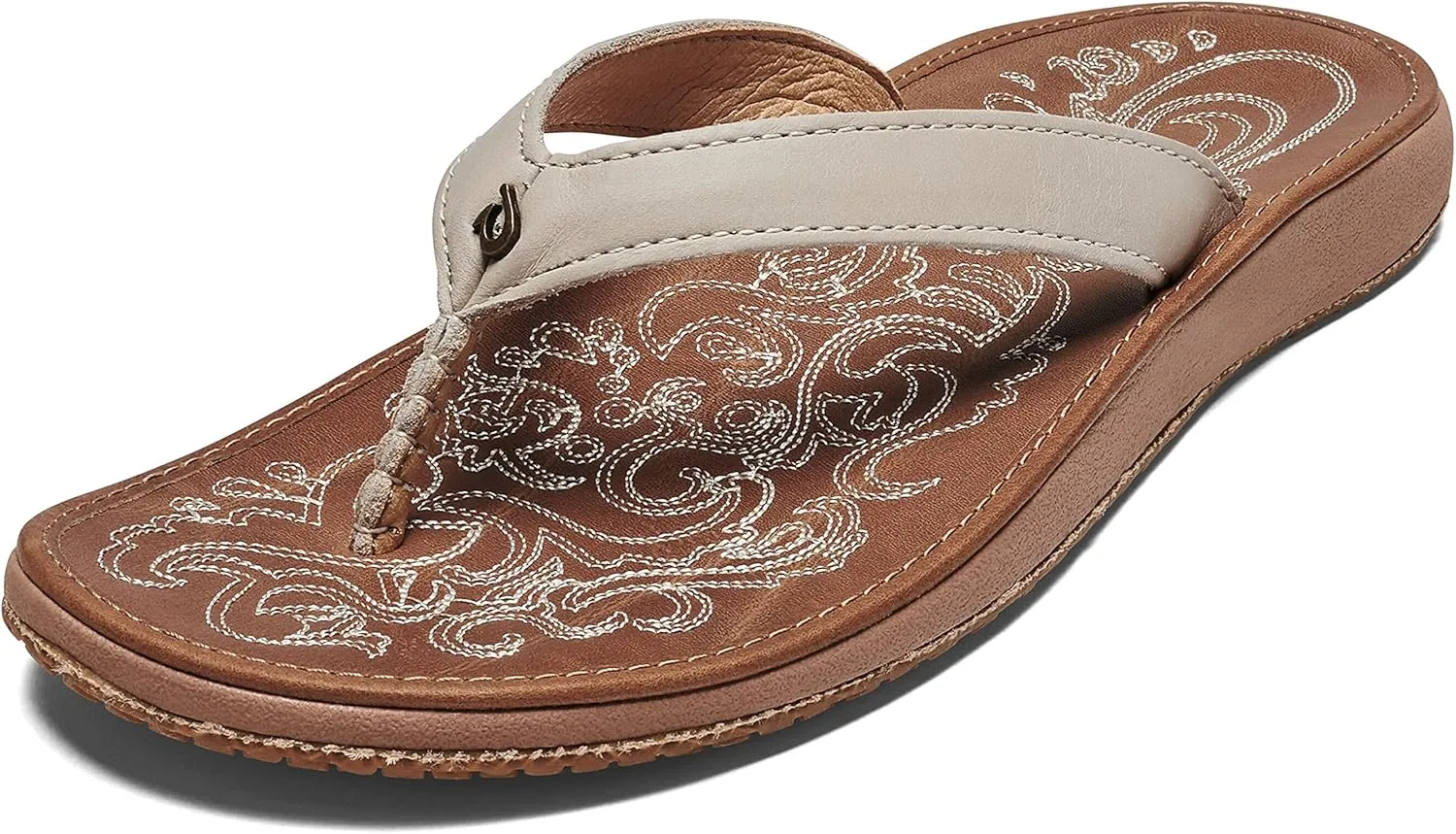 OLUKAI Paniolo Women's Beach Sandals, Distressed Full-Grain Leather Flip-Flop Slides, Wet Grip Soles, Compression Molded Footbed