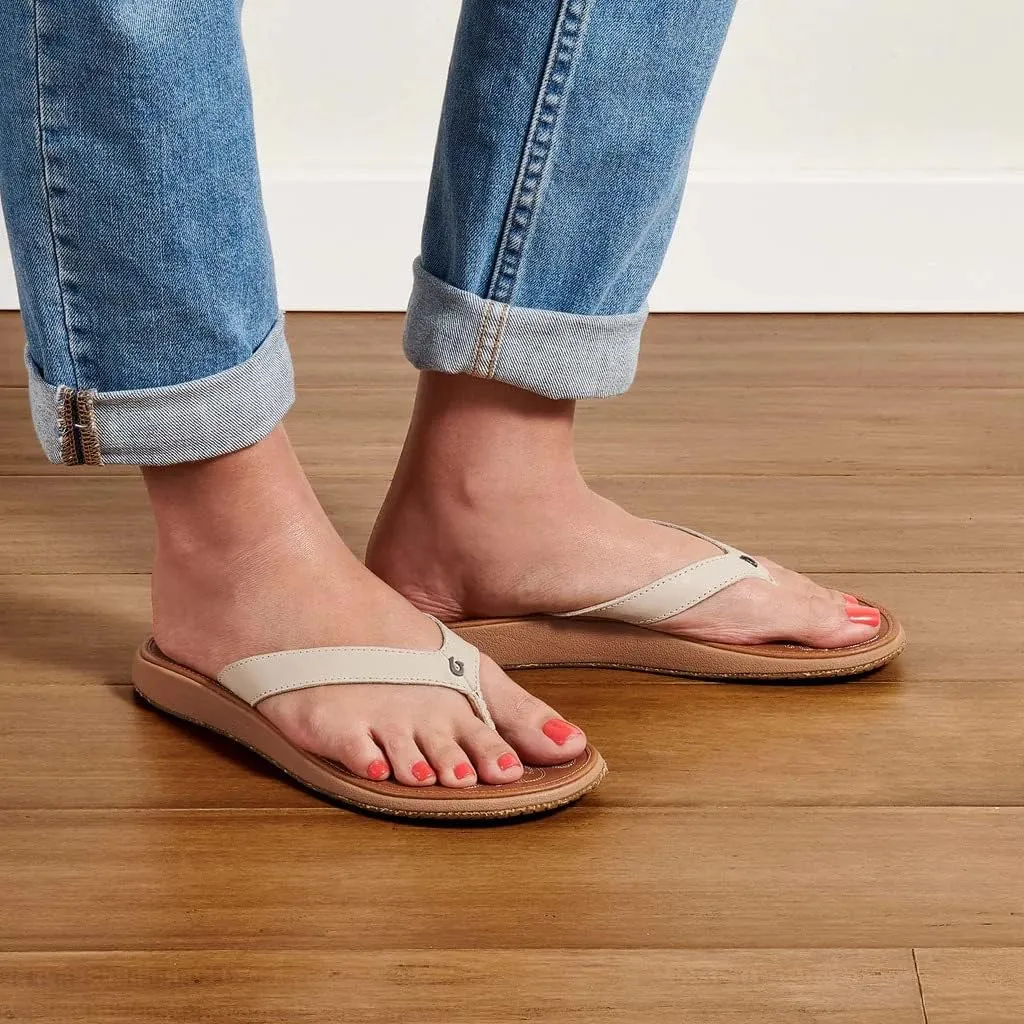 OLUKAI Paniolo Women's Beach Sandals, Distressed Full-Grain Leather Flip-Flop Slides, Wet Grip Soles, Compression Molded Footbed