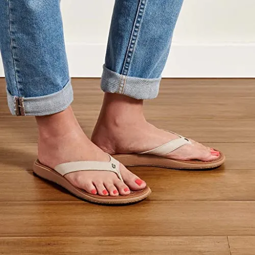 OLUKAI Paniolo Women's Beach Sandals, Distressed Full-Grain Leather Flip-Flop Slides, Wet Grip Soles, Compression Molded Footbed