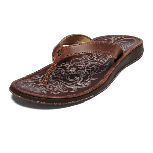 OLUKAI Paniolo Women's Beach Sandals, Distressed Full-Grain Leather Flip-Flop Slides, Wet Grip Soles, Compression Molded Footbed