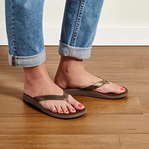 OLUKAI Paniolo Women's Beach Sandals, Distressed Full-Grain Leather Flip-Flop Slides, Wet Grip Soles, Compression Molded Footbed