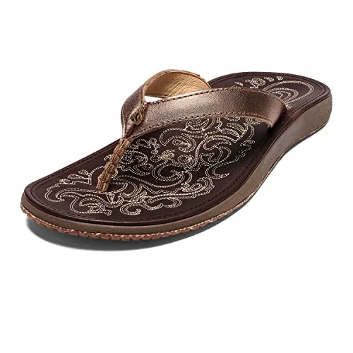 OLUKAI Paniolo Women's Beach Sandals, Distressed Full-Grain Leather Flip-Flop Slides, Wet Grip Soles, Compression Molded Footbed