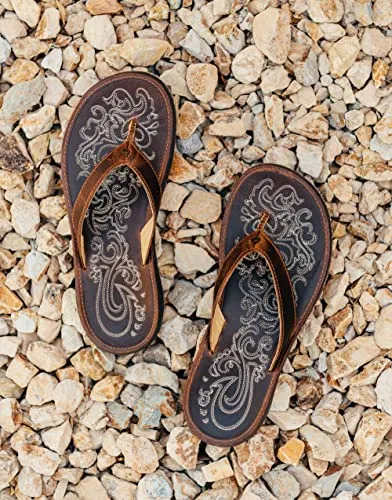 OLUKAI Paniolo Women's Beach Sandals, Distressed Full-Grain Leather Flip-Flop Slides, Wet Grip Soles, Compression Molded Footbed