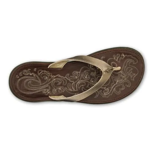 OLUKAI Paniolo Women's Beach Sandals, Distressed Full-Grain Leather Flip-Flop Slides, Wet Grip Soles, Compression Molded Footbed
