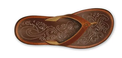 OLUKAI Paniolo Women's Beach Sandals, Distressed Full-Grain Leather Flip-Flop Slides, Wet Grip Soles, Compression Molded Footbed