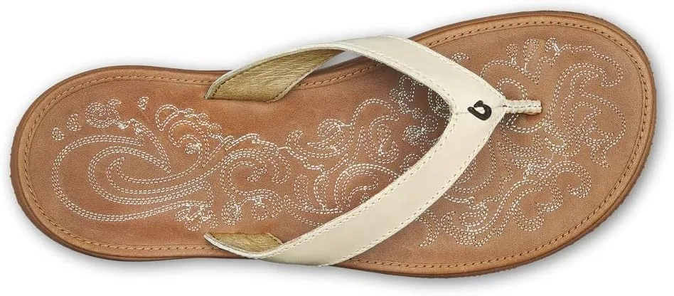 OLUKAI Paniolo Women's Beach Sandals, Distressed Full-Grain Leather Flip-Flop Slides, Wet Grip Soles, Compression Molded Footbed