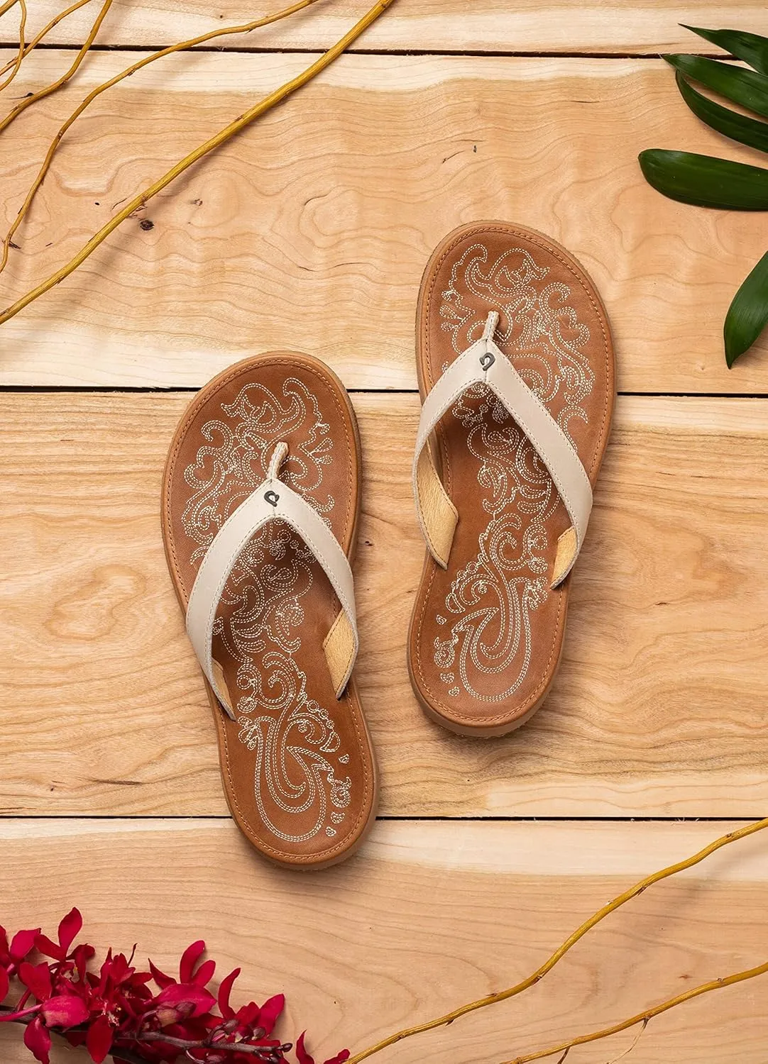 OLUKAI Paniolo Women's Beach Sandals, Distressed Full-Grain Leather Flip-Flop Slides, Wet Grip Soles, Compression Molded Footbed