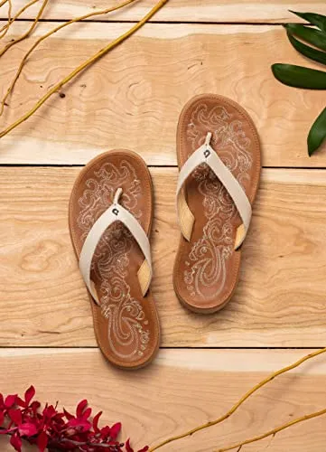 OLUKAI Paniolo Women's Beach Sandals, Distressed Full-Grain Leather Flip-Flop Slides, Wet Grip Soles, Compression Molded Footbed