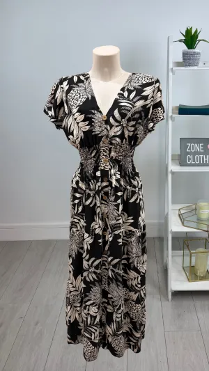 Sandy - Linen Look V-Neck Print Black Maxi