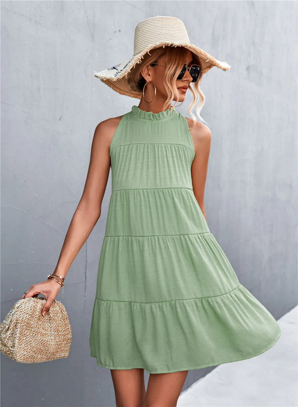 Sara Tiered Ruffle High-Neck Sleeveless Mini Dress