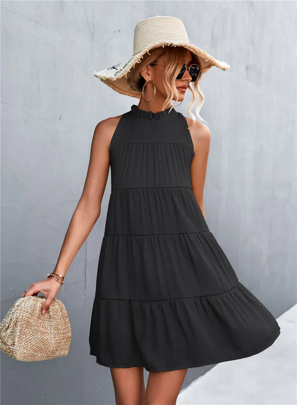 Sara Tiered Ruffle High-Neck Sleeveless Mini Dress