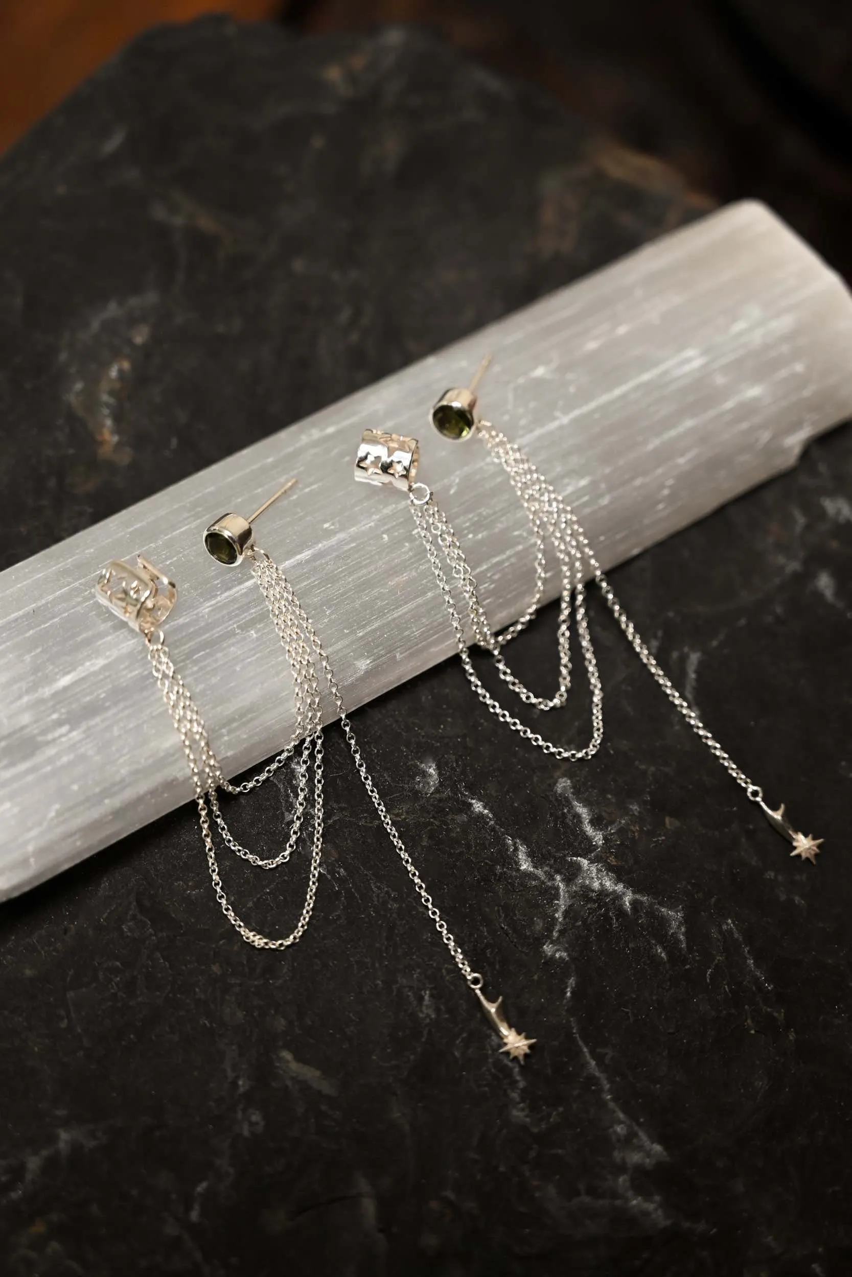 Shooting Stars Moldavite Sterling Silver Ear Cuffs