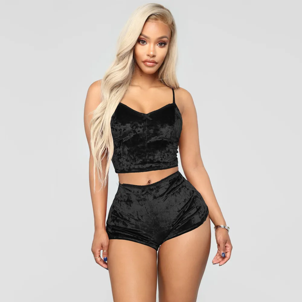 Sizzle Velvet Lace-Trim Cami & High-Waist Shorts Set