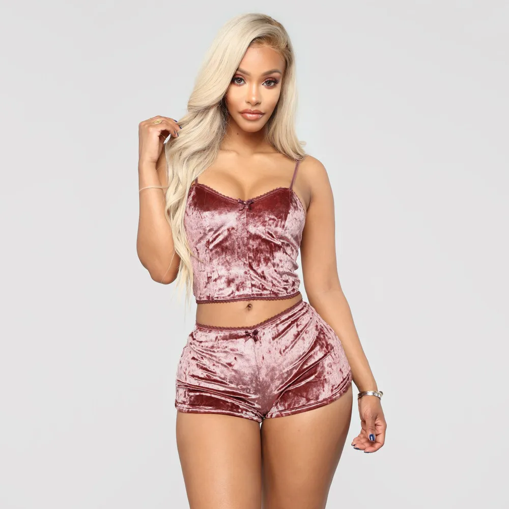 Sizzle Velvet Lace-Trim Cami & High-Waist Shorts Set