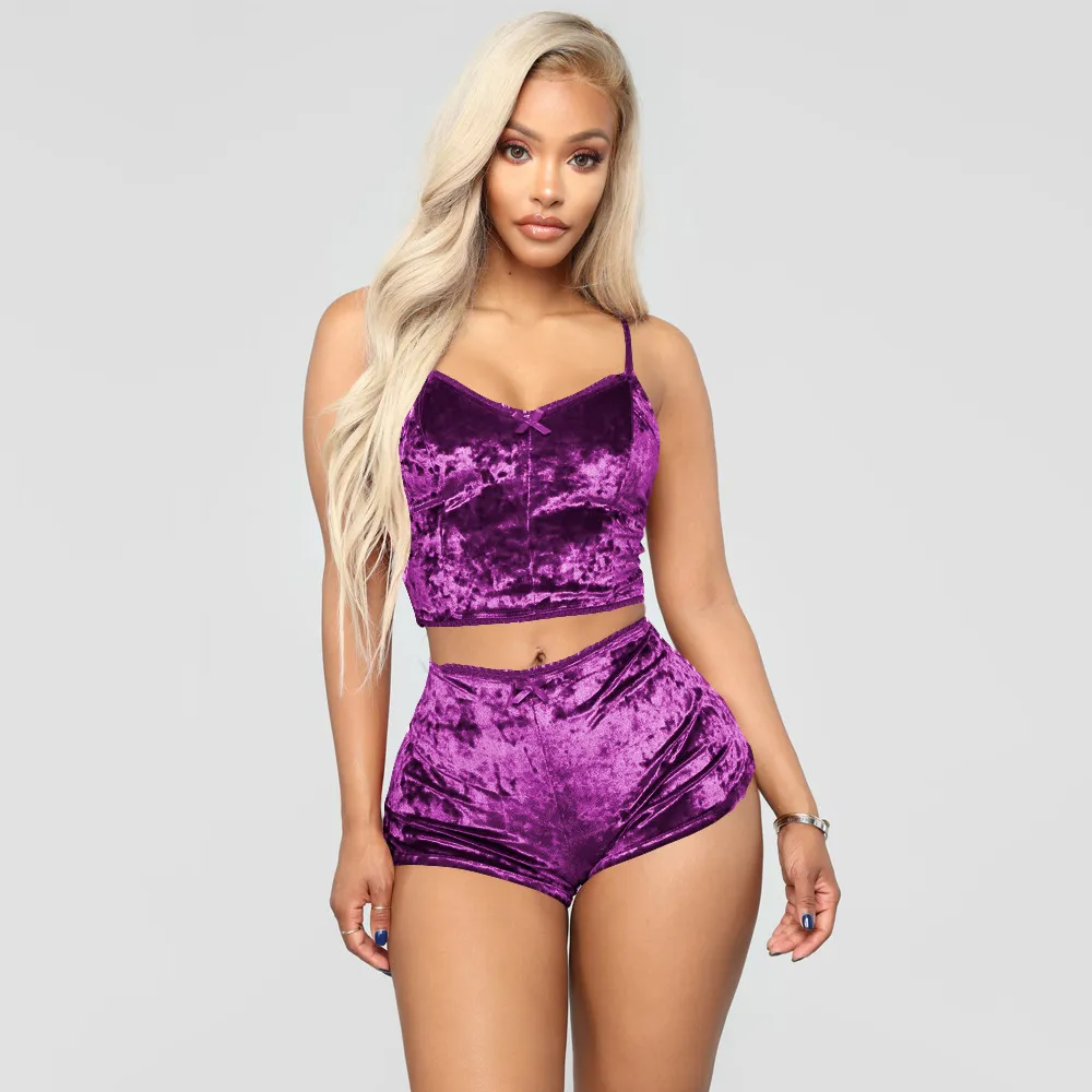Sizzle Velvet Lace-Trim Cami & High-Waist Shorts Set