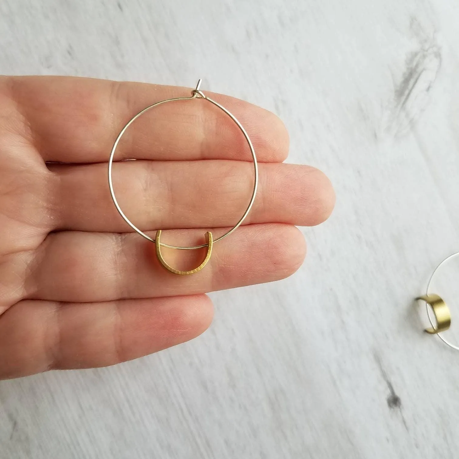Sterling Silver Hoop Earrings, silver circle earring, semicircle, gold half circle, mixed metal earring, thin silver hoop, modern hoop