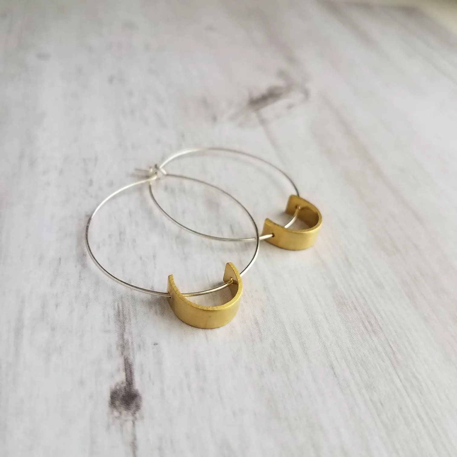 Sterling Silver Hoop Earrings, silver circle earring, semicircle, gold half circle, mixed metal earring, thin silver hoop, modern hoop