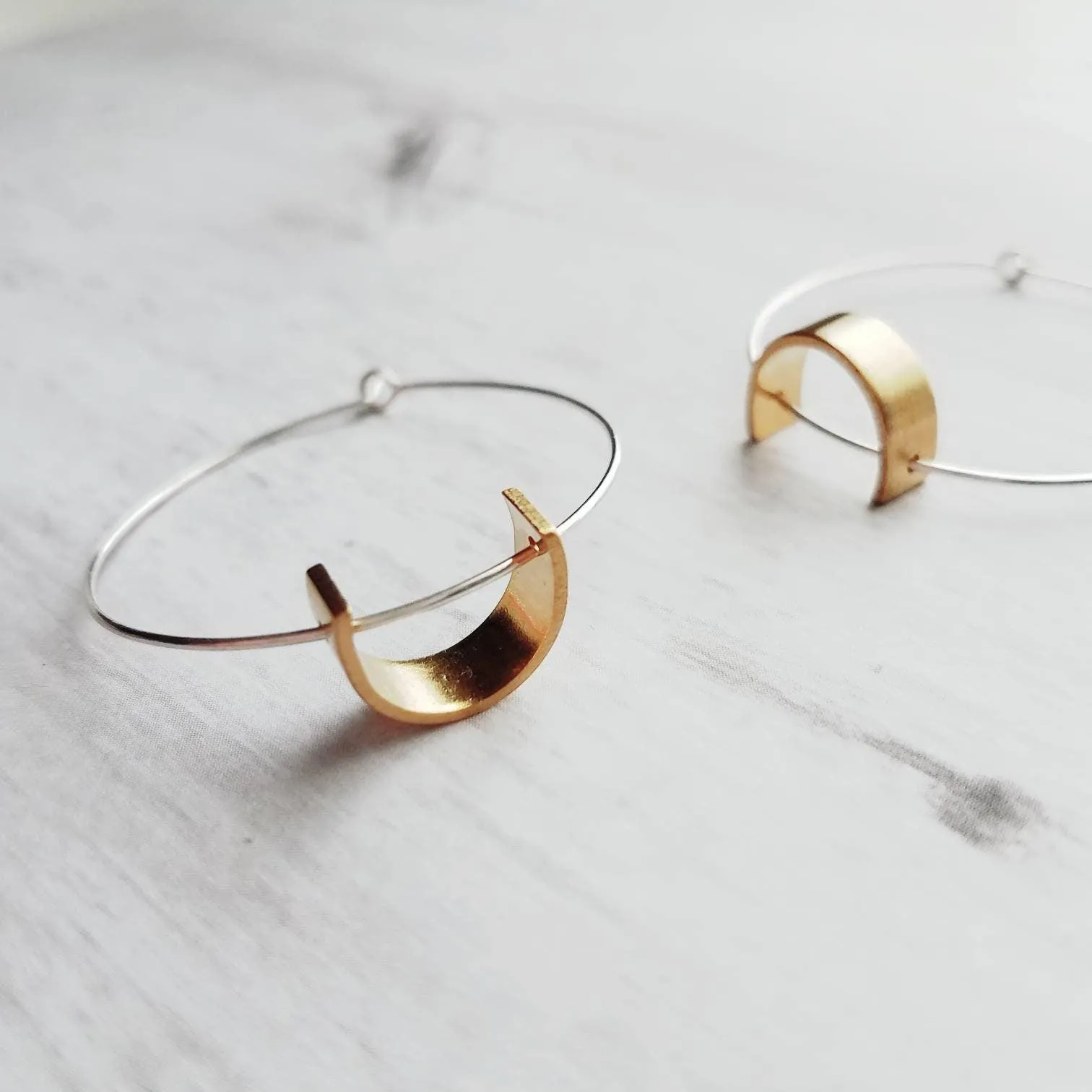 Sterling Silver Hoop Earrings, silver circle earring, semicircle, gold half circle, mixed metal earring, thin silver hoop, modern hoop