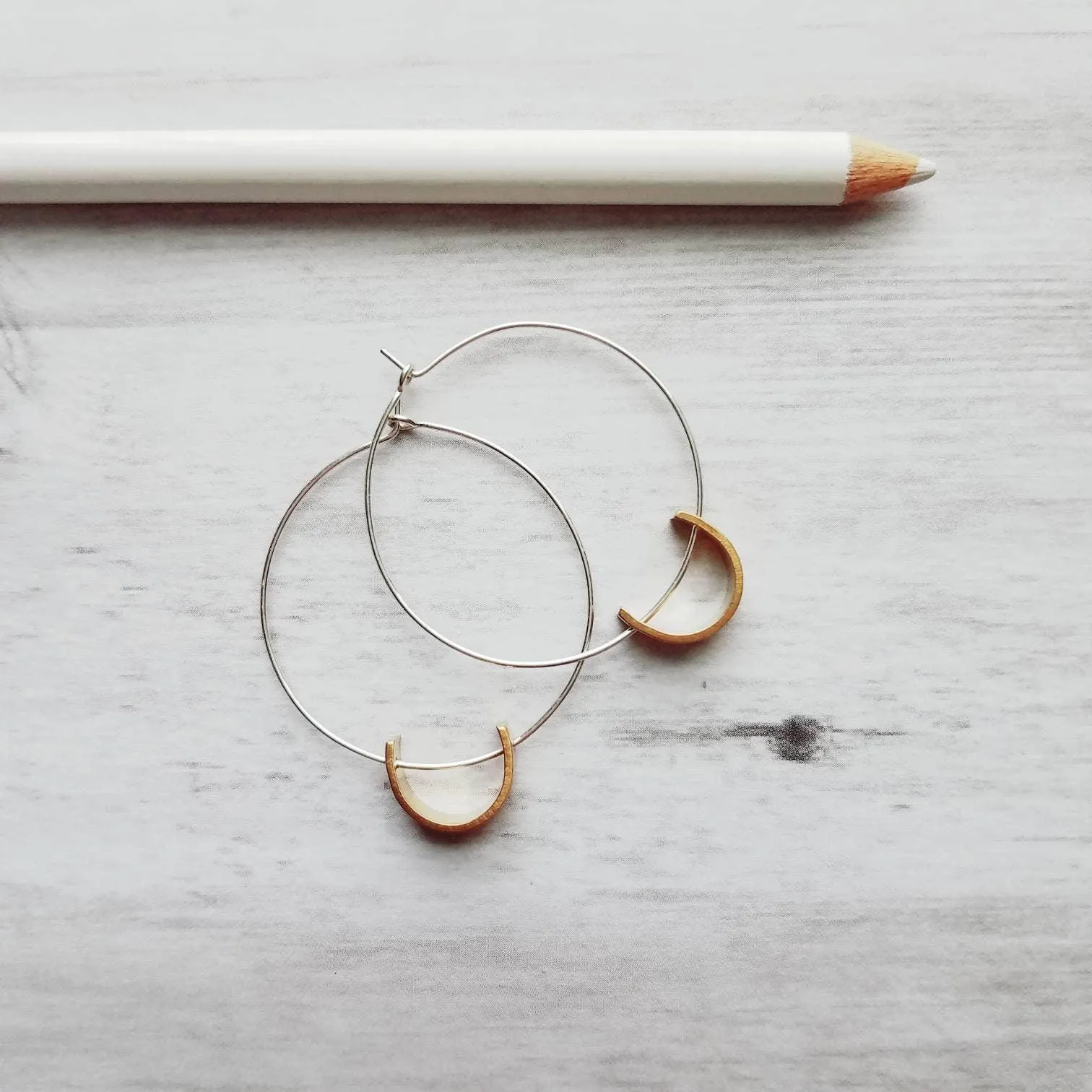 Sterling Silver Hoop Earrings, silver circle earring, semicircle, gold half circle, mixed metal earring, thin silver hoop, modern hoop