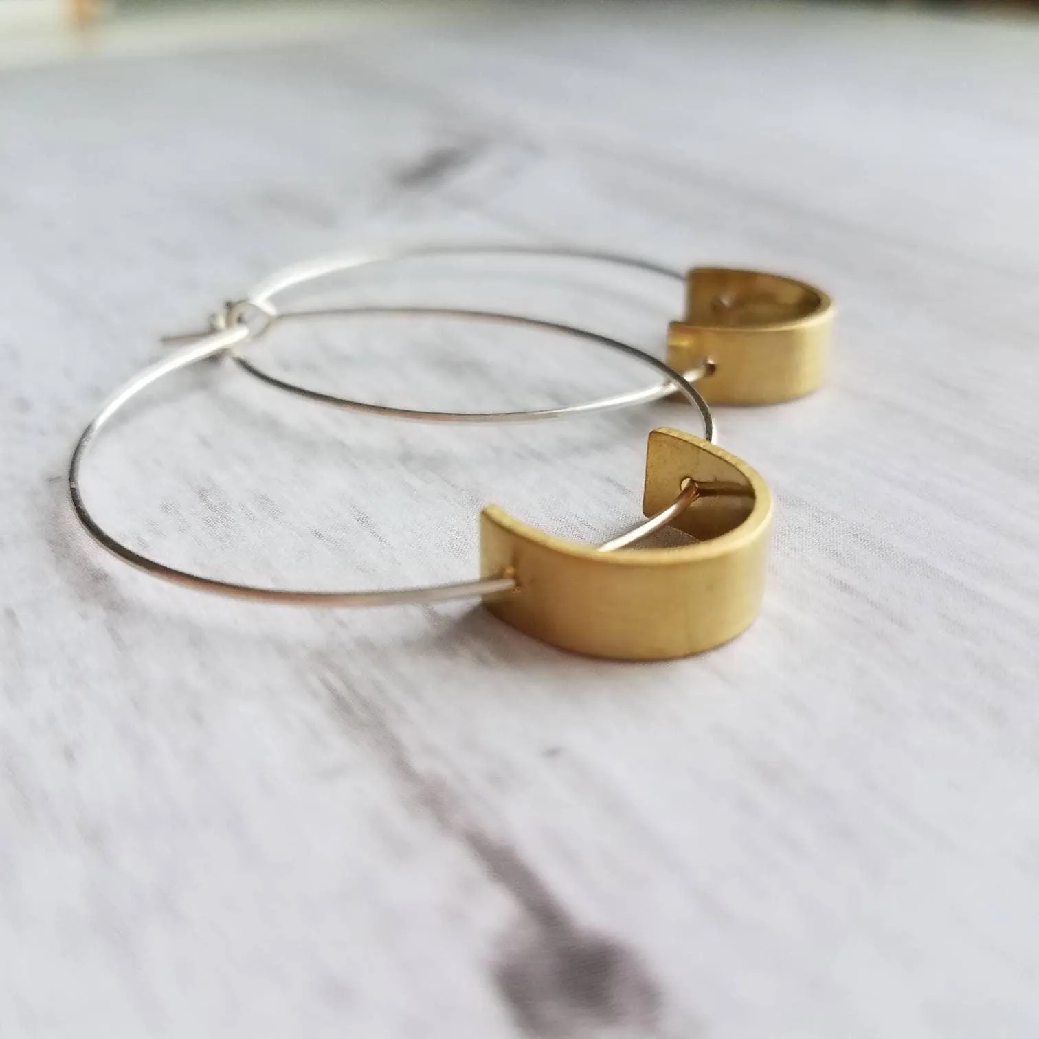 Sterling Silver Hoop Earrings, silver circle earring, semicircle, gold half circle, mixed metal earring, thin silver hoop, modern hoop