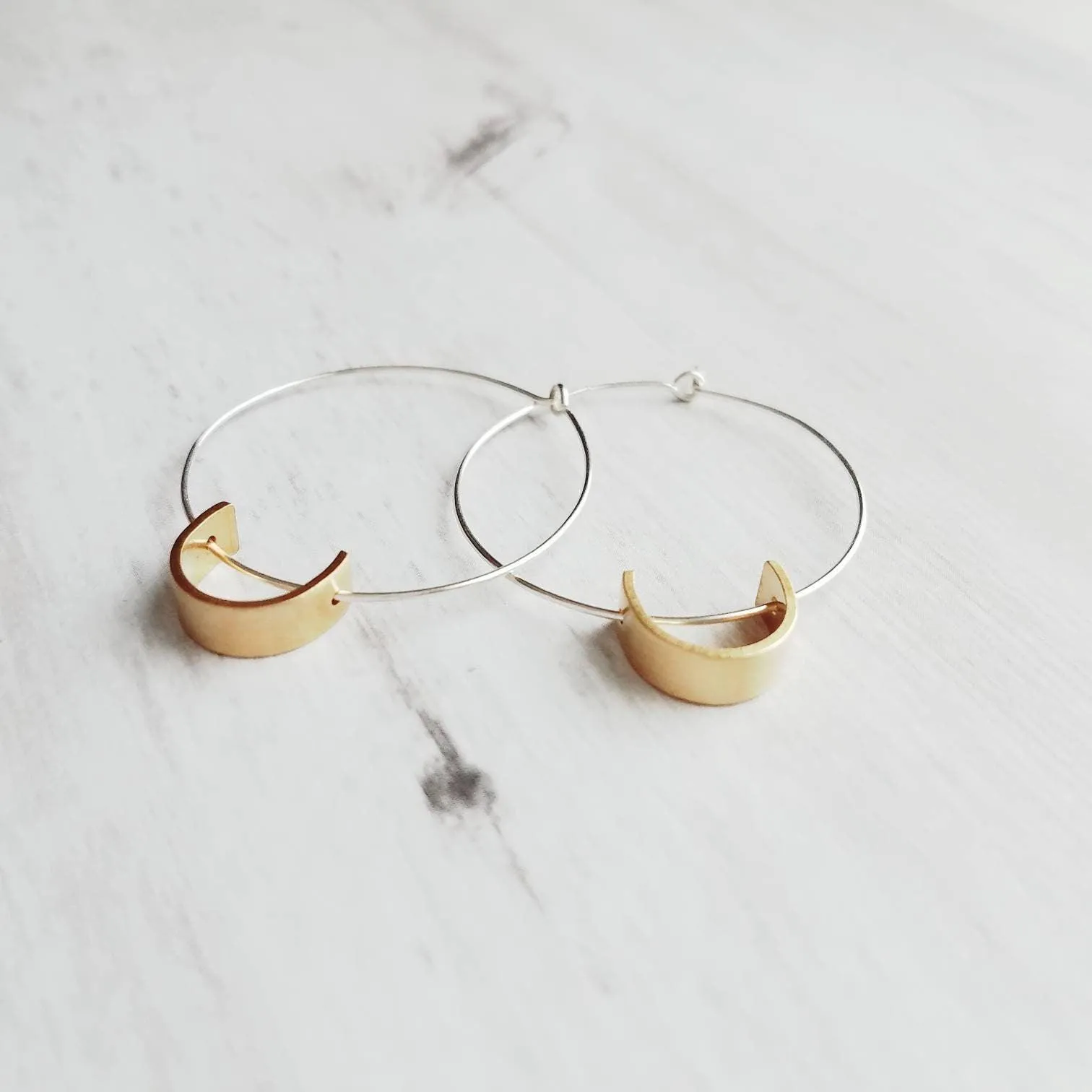 Sterling Silver Hoop Earrings, silver circle earring, semicircle, gold half circle, mixed metal earring, thin silver hoop, modern hoop