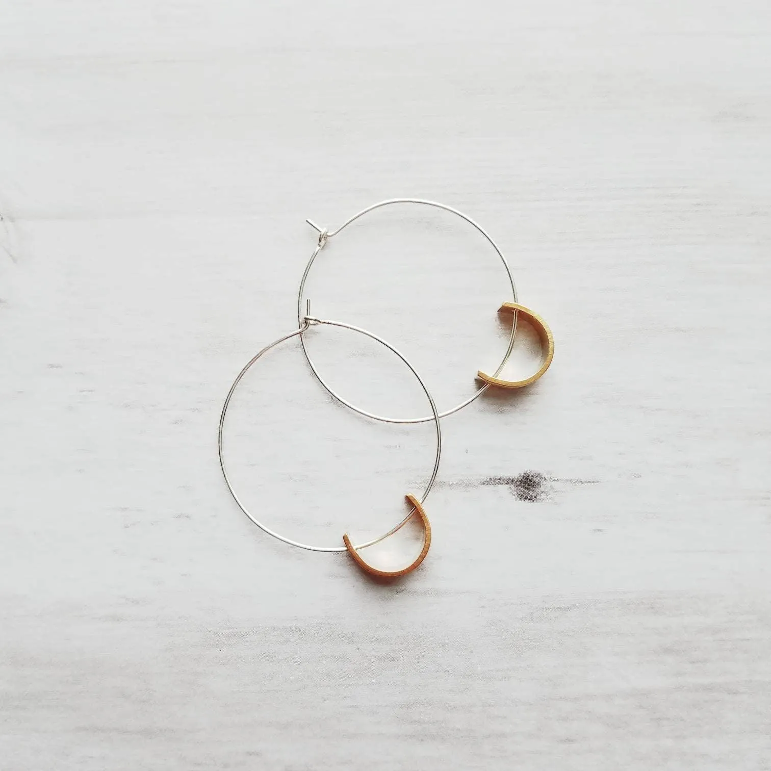 Sterling Silver Hoop Earrings, silver circle earring, semicircle, gold half circle, mixed metal earring, thin silver hoop, modern hoop