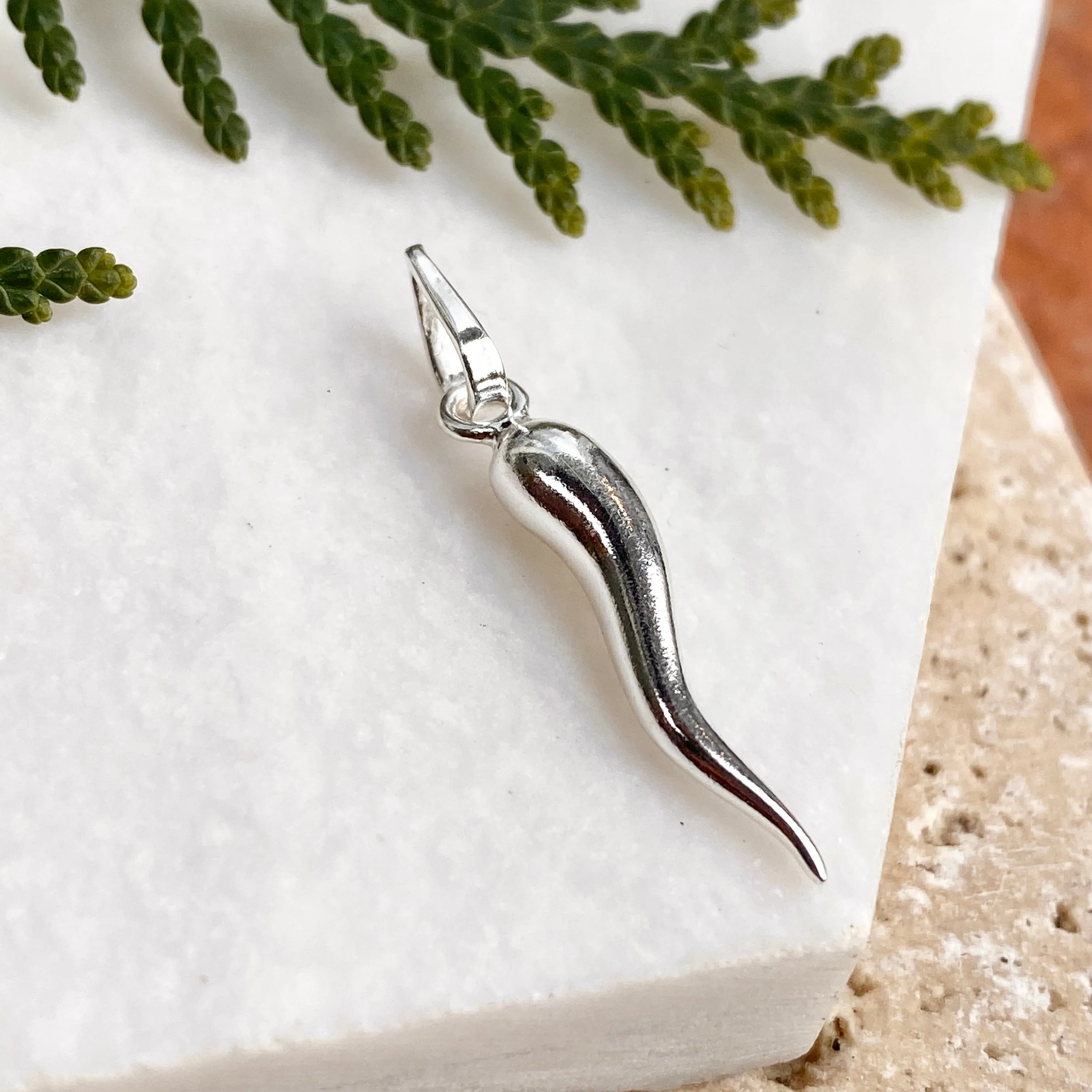 Sterling Silver Medium "Cornicello" Italian Horn Pendant 27mm