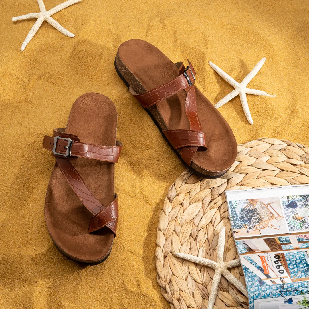 Summer Comfy Footbed Buckle Strap Leather Toe Slides - Havan
