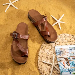 Summer Comfy Footbed Buckle Strap Leather Toe Slides - Havan