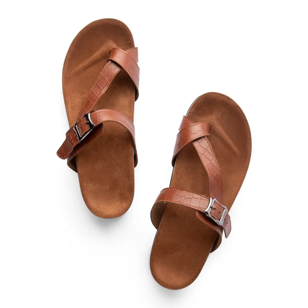 Summer Comfy Footbed Buckle Strap Leather Toe Slides - Havan