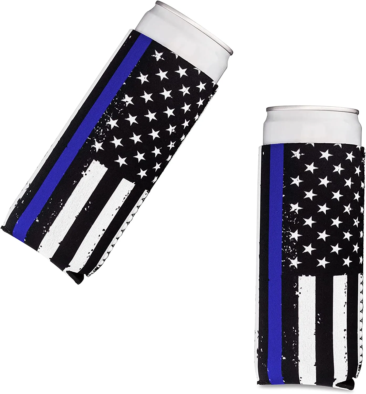 Thin Blue Line Collapsible Beer and Seltzer Can Beverage Cooler Sleeves - 2 Pack - Tall Slim Size 12 oz - 3mm Thick Insulated Neoprene