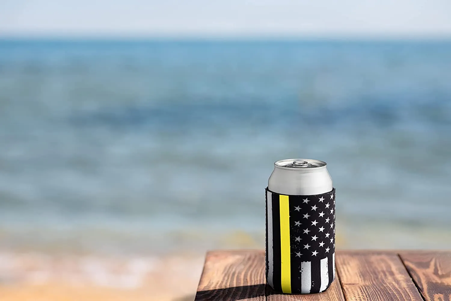 Thin Gold-Yellow Line Collapsible Beer Can and Bottle Beverage Cooler Sleeves - 2 Pack - Standard Size 12 oz - 3mm Thick Insulated Neoprene