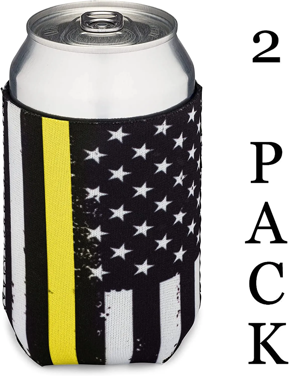 Thin Gold-Yellow Line Collapsible Beer Can and Bottle Beverage Cooler Sleeves - 2 Pack - Standard Size 12 oz - 3mm Thick Insulated Neoprene