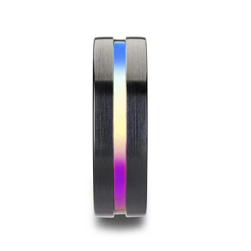 Thorsten AZURE Flat Black Ceramic Ring Brushed with Rainbow Groove - 4mm 6mm or 8mm